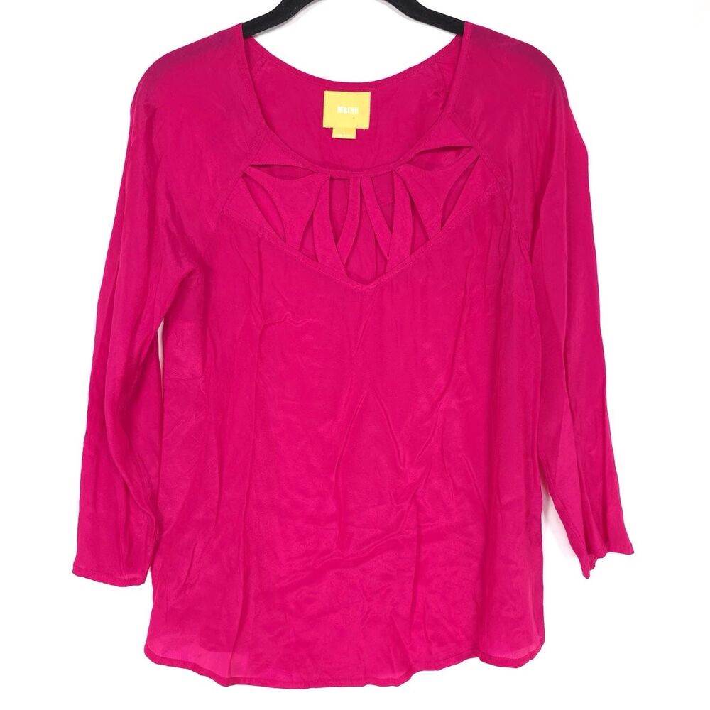 Anthropologie MAEVE Size 4 Top Fuchsia Pink Chest Cutout Blouse Long Sleeve
